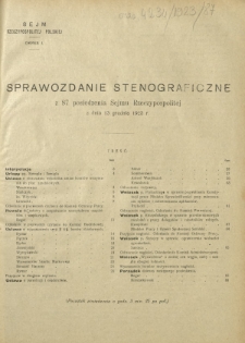 Sprawozdanie Stenograficzne z 87 Posiedzenia Sejmu Rzeczypospolitej z dnia 13 grudnia 1923 r. (I Kadencja 1922-1927)