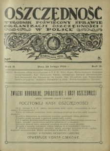 Oszczędność : tygodnik poświęcony sprawie organizacji oszczędności w Polsce. R. 2, nr 8 (28 lutego 1926)