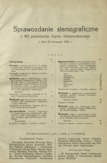 Sprawozdanie Stenograficzne z 189 Posiedzenia Sejmu Ustawodawczego z dnia 25 listopada 1920 r.