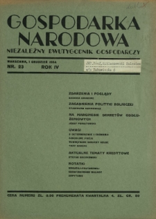 Gospodarka Narodowa : niezależny dwutygodnik gospodarczy. R. 4, nr 23 (1 grudzień 1934)