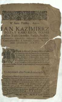 Vchwała Seymv Walnego Koronnego Szescniedzielnego w Warszawie odprawionego, Roku Pańskiego, M.DC.LXI. Dnia 2. Miesiąca Maia
