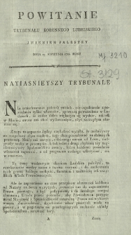 Powitanie Trybunału Koronnego Lubelskiego Imieniem Palestry Dnia 27. Kwietnia 1786. Roku