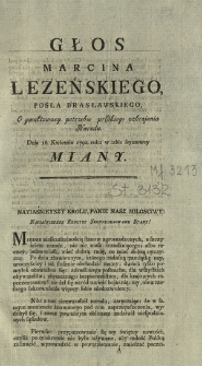 Głos Marcina Leżeńskiego, Posła Brasławskiego, O Gwałtowney potrzebie prędkiego uzbrojenia Narodu. Dnia 16. Kwietnia 1792. roku w izbie seymowey Miany