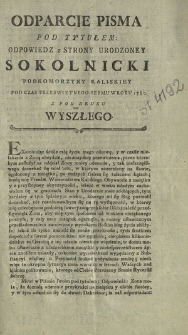 Odparcie Pisma Pod Tytułem: Odpowiedz z Strony Urodzoney Sokolnicki Podkomorzyny Kaliskiey Podczas Przeswietnego Seymu W Roku 1780. Z Pod Druku Wyszłego