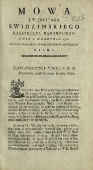 Mowa J. W. Jmci Pana Swidzinskiego, Kasztelana Radomskiego : Dnia 6. Września 1776. Na Seymie Warszawskim Pod Konfederacyą Agitowanym Miana