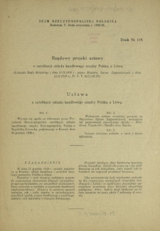 Rządowy projekt ustawy o ratyfikacji układu handlowego między Polską a Litwą. Druk Nr 119 [Dodatek do] : Sprawozdanie Stenograficzne z ... Posiedzenia Sejmu Rzeczypospolitej z dnia ... (V Kadencja 1938-1939)