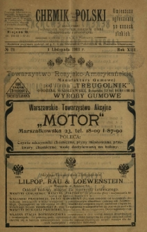 Chemik Polski : czasopismo poświęcone wszystkim gałęziom chemii teoretycznej i stosowanej / red. i wyd. B. Miklaszewski. R. 13, nr 21 (1 listopada 1913)
