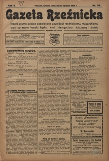 Gazeta Rzeźnicka : pierwsze i jedyne pismo polskie poświęcone zawodowi rzeźnickiemu oraz sprawom handlu i chowu bydła, nierogacizny, dziczyzny i drobiu / [red. i wydawca Apolinary Klóskowsk]. R. 5, nr 56 (26 stycznia 1918)