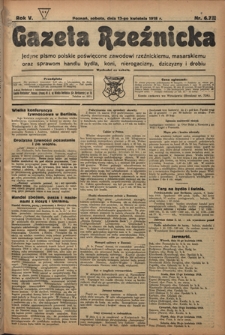 Gazeta Rzeźnicka : pierwsze i jedyne pismo polskie poświęcone zawodowi rzeźnickiemu oraz sprawom handlu i chowu bydła, nierogacizny, dziczyzny i drobiu / [red. i wydawca Apolinary Klóskowsk]. R. 5. nr 67 (13 kwietnia 1918)