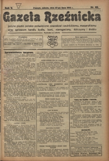 Gazeta Rzeźnicka : pierwsze i jedyne pismo polskie poświęcone zawodowi rzeźnickiemu oraz sprawom handlu i chowu bydła, nierogacizny, dziczyzny i drobiu / [red. i wydawca Apolinary Klóskowsk]. R. 5, nr 82 (27 lipca 1918)