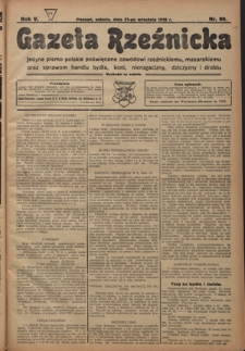 Gazeta Rzeźnicka : pierwsze i jedyne pismo polskie poświęcone zawodowi rzeźnickiemu oraz sprawom handlu i chowu bydła, nierogacizny, dziczyzny i drobiu / [red. i wydawca Apolinary Klóskowsk]. R. 5, nr 90 (21 września 1918)