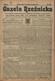 Gazeta Rzeźnicka : pierwsze i jedyne pismo polskie poświęcone zawodowi rzeźnickiemu oraz sprawom handlu i chowu bydła, nierogacizny, dziczyzny i drobiu / [red. i wydawca Apolinary Klóskowsk]. R. 5, nr 98 (16 listopada 1918)