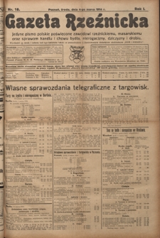 Gazeta Rzeźnicka : pierwsze i jedyne pismo polskie poświęcone zawodowi rzeźnickiemu oraz sprawom handlu i chowu bydła, nierogacizny, dziczyzny i drobiu / [red. Teodor Bobowski]. R. 1, Nr 18 (4 marca 1914)