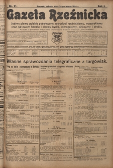 Gazeta Rzeźnicka : pierwsze i jedyne pismo polskie poświęcone zawodowi rzeźnickiemu oraz sprawom handlu i chowu bydła, nierogacizny, dziczyzny i drobiu / [red. Teodor Bobowski]. R. 1, Nr 21 (14 marca 1914)