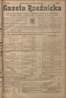 Gazeta Rzeźnicka : pierwsze i jedyne pismo polskie poświęcone zawodowi rzeźnickiemu oraz sprawom handlu i chowu bydła, nierogacizny, dziczyzny i drobiu / [red. Teodor Bobowski]. R. 1, Nr 25 (28 marca 1914)