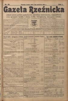 Gazeta Rzeźnicka : pierwsze i jedyne pismo polskie poświęcone zawodowi rzeźnickiemu oraz sprawom handlu i chowu bydła, nierogacizny, dziczyzny i drobiu / [red. Teodor Bobowski]. Gazeta Rzeźnicka R. 1, Nr 26 (1 kwietnia 1914)