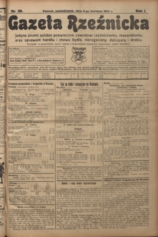 Gazeta Rzeźnicka : pierwsze i jedyne pismo polskie poświęcone zawodowi rzeźnickiemu oraz sprawom handlu i chowu bydła, nierogacizny, dziczyzny i drobiu / [red. Teodor Bobowski]. R. 1, Nr 28 (6 kwietnia 1914)