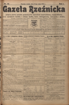 Gazeta Rzeźnicka : pierwsze i jedyne pismo polskie poświęcone zawodowi rzeźnickiemu oraz sprawom handlu i chowu bydła, nierogacizny, dziczyzny i drobiu / [red. Teodor Bobowski]. R. 1, Nr 43 (13 maja 1914)