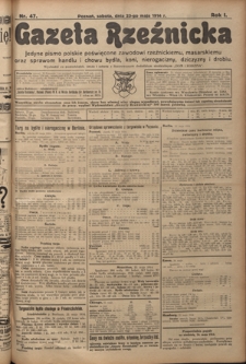 Gazeta Rzeźnicka : pierwsze i jedyne pismo polskie poświęcone zawodowi rzeźnickiemu oraz sprawom handlu i chowu bydła, nierogacizny, dziczyzny i drobiu / [red. Teodor Bobowski]. R. 1, Nr 47 (23 maja 1914)
