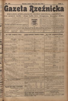 Gazeta Rzeźnicka : pierwsze i jedyne pismo polskie poświęcone zawodowi rzeźnickiemu oraz sprawom handlu i chowu bydła, nierogacizny, dziczyzny i drobiu / [red. Teodor Bobowski]. R. 1, Nr 62 (1 lipca 1914)