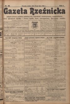 Gazeta Rzeźnicka : pierwsze i jedyne pismo polskie poświęcone zawodowi rzeźnickiemu oraz sprawom handlu i chowu bydła, nierogacizny, dziczyzny i drobiu / [red. Teodor Bobowski]. R. 1, Nr 68 (15 lipca 1914)