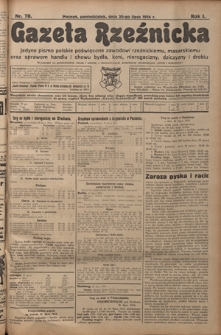 Gazeta Rzeźnicka : pierwsze i jedyne pismo polskie poświęcone zawodowi rzeźnickiemu oraz sprawom handlu i chowu bydła, nierogacizny, dziczyzny i drobiu / [red. Teodor Bobowski]. R. 1, Nr 70 (20 lipca 1914)