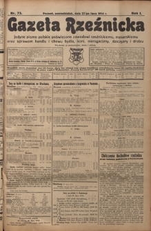 Gazeta Rzeźnicka : pierwsze i jedyne pismo polskie poświęcone zawodowi rzeźnickiemu oraz sprawom handlu i chowu bydła, nierogacizny, dziczyzny i drobiu / [red. Teodor Bobowski]. R. 1, Nr 73 (27 lipca 1914)