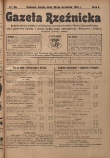 Gazeta Rzeźnicka : pierwsze i jedyne pismo polskie poświęcone zawodowi rzeźnickiemu oraz sprawom handlu i chowu bydła, nierogacizny, dziczyzny i drobiu / [red. Teodor Bobowski]. R. 1, Nr 90 ( 30 września 1914)