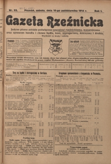 Gazeta Rzeźnicka : pierwsze i jedyne pismo polskie poświęcone zawodowi rzeźnickiemu oraz sprawom handlu i chowu bydła, nierogacizny, dziczyzny i drobiu / [red. Teodor Bobowski]. R. 1, Nr 93 (10 października 1914)