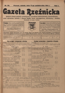 Gazeta Rzeźnicka : pierwsze i jedyne pismo polskie poświęcone zawodowi rzeźnickiemu oraz sprawom handlu i chowu bydła, nierogacizny, dziczyzny i drobiu / [red. Teodor Bobowski]. R. 1, Nr 95 (17 października 1914)