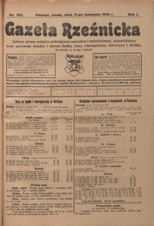 Gazeta Rzeźnicka : pierwsze i jedyne pismo polskie poświęcone zawodowi rzeźnickiemu oraz sprawom handlu i chowu bydła, nierogacizny, dziczyzny i drobiu / [red. Teodor Bobowski]. R. 1, Nr 102 (11 listopada 1914)