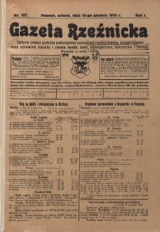 Gazeta Rzeźnicka : pierwsze i jedyne pismo polskie poświęcone zawodowi rzeźnickiemu oraz sprawom handlu i chowu bydła, nierogacizny, dziczyzny i drobiu / [red. Teodor Bobowski]. R. 1, Nr 107 (12 grudnia 1914)