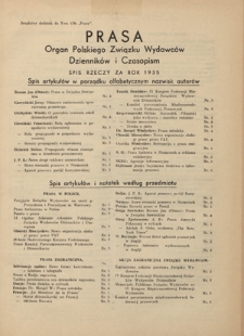Prasa : organ Polskiego Związku Wydawców Dzienników i Czasopism : czasopismo poświęcone sprawom wydawniczo-prasowym. Spis rzeczy za rok 1935