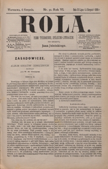 Rola : pismo tygodniowe, społeczno-literackie / pod red. Jana Jeleńskiego R. 6, Nr 31 (23 lipca/4 sierpnia 1888)