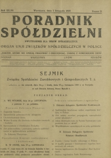 Poradnik Spółdzielni : dwutygodnik dla spraw spółdzielczych organ Unji Związków Spółdzielczych w Polsce. R. 36, nr 21 (1 listopada 1929)
