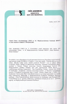 Udział Chóru Akademickiego UMCS w 14. Międzynarodowym Festiwalu IDOCO w Linz/Austria w dniach 27.05-02.06.2003