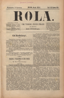 Rola : pismo tygodniowe, społeczno-literackie R. 13, Nr 24 (3/15 czerwca 1895)