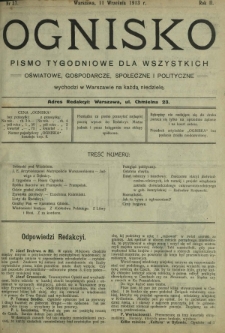 Ognisko : pismo tygodniowe dla wszystkich oświatowe, gospodarcze, społeczne i polityczne. R. 2, Nr 37 (11 września 1913)