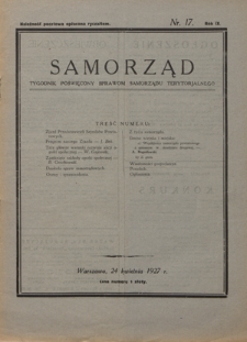 Samorząd : tygodnik poświęcony sprawom samorządu terytorialnego. R. 9, nr 17 (24 kwietnia 1927)