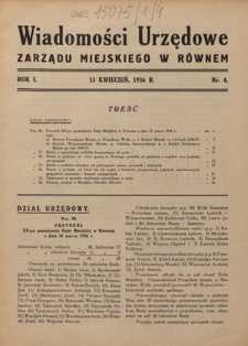 Wiadomości Urzędowe Zarządu Miejskiego w Równem. R. 1, nr 4 (15 kwietnia 1936)