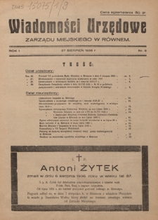 Wiadomości Urzędowe Zarządu Miejskiego w Równem. R. 1, nr 9 (27 sierpień 1936)