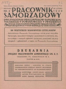 Pracownik Samorządowy : dwutygodnik pracowników samorządu miejskiego, powiatowego i wiejskiego. R. 6=11, nr 4 (28 lutego1929)