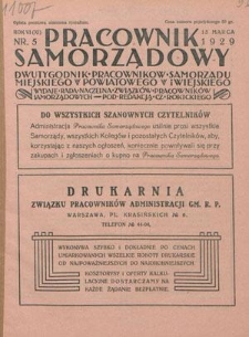 Pracownik Samorządowy : dwutygodnik pracowników samorządu miejskiego, powiatowego i wiejskiego. R. 6=11, nr 5 (15 marca 1929)