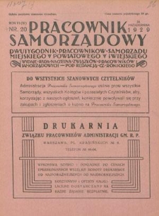 Pracownik Samorządowy : dwutygodnik pracowników samorządu miejskiego, powiatowego i wiejskiego. R. 6=11, nr 20 (31 października 1929)