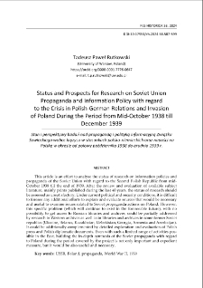 Status and prospects for research on Soviet Union propaganda and information policy with regard to the crisis in Polish-German relations and invasion of Poland during the period from mid-October 1938 till December 1939