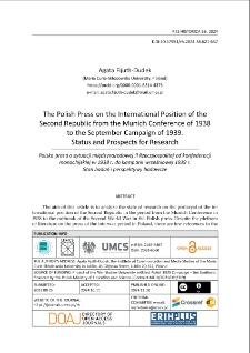 The Polish press on the international position of the Second Republic from the Munich Conference of 1938to the September Campaign of 1939. Status and prospects for research