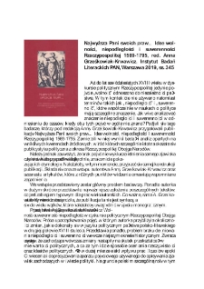 "Najwyższa Pani swoich praw&hellip; Idee wolności, niepodległości i suwerenności Rzeczypospolitej 1569-1795", red. Anna Grześkowiak-Krwawicz, Instytut Badań Literackich PAN, Warszawa 2019, ss. 345