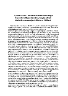 Sprawozdanie z działalności Koła Naukowego Historyk&oacute;w Student&oacute;w Uniwersytetu Marii Curie-Skłodowskiej w Lublinie za 2022 rok