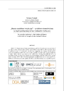 &bdquo;Nasza osobliwa instytucja&rdquo; &ndash; problem niewolnictwa w myśli politycznej Johna Caldwella Calhouna