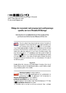 Wstęp do rozważań nad przyczynami politycznego upadku seniora Mieszka III Starego